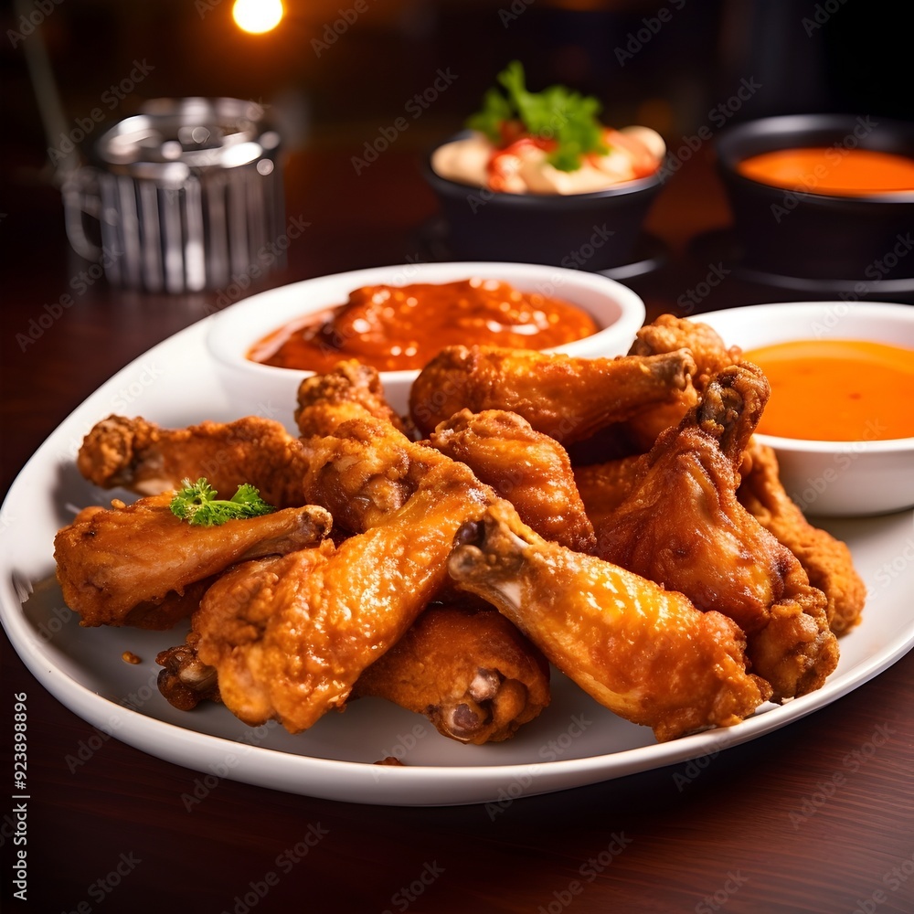 Mouthwatering Fried Chicken Wings with Vibrant Dipping Sauces in Warm Ambient Lighting Mouthwatering Fried Chicken Wings with Vibrant Dipping Sauces in Warm Ambient Lighting