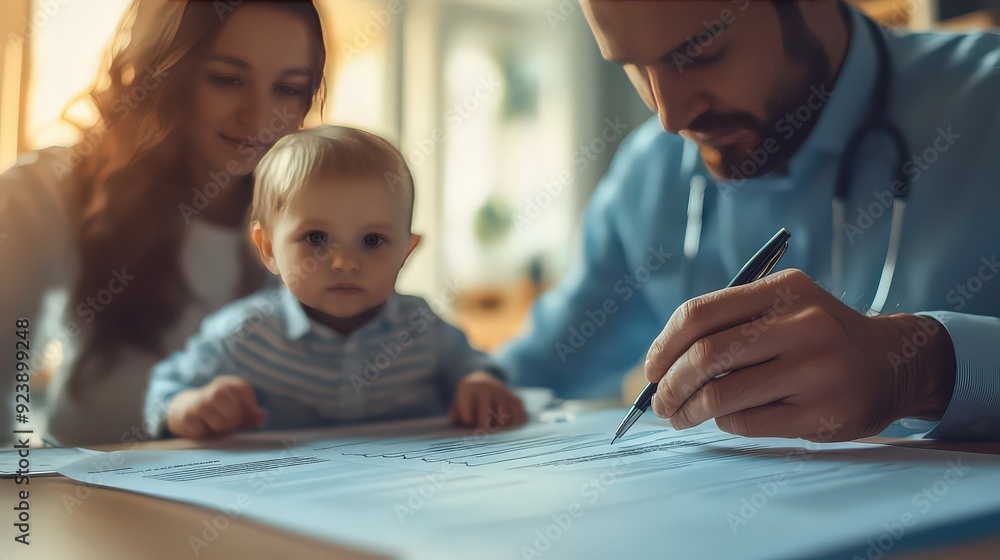 doctor reviews medical paperwork with a young family, focusing on the well-being of their baby in a warm, caring environment doctor reviews medical paperwork with a young family, focusing on the well-being of their baby in a warm, caring environment