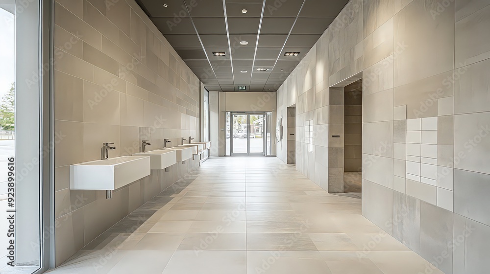 modern, minimalistic public restroom with sleek sinks and clean, tiled walls in a bright, spacious area modern, minimalistic public restroom with sleek sinks and clean, tiled walls in a bright, spacious area