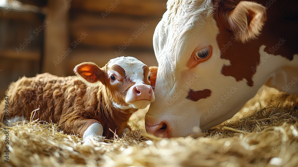 touching moment where a calf is seen near its mother during the milking ...