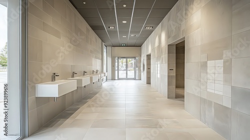 modern, minimalistic public restroom with sleek sinks and clean, tiled walls in a bright, spacious area