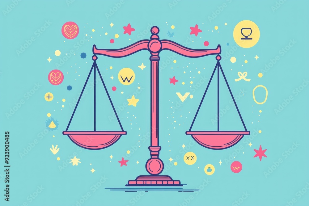 Scales of justice balanced with equality symbols, flat design illustration Scales of justice balanced with equality symbols, flat design illustration