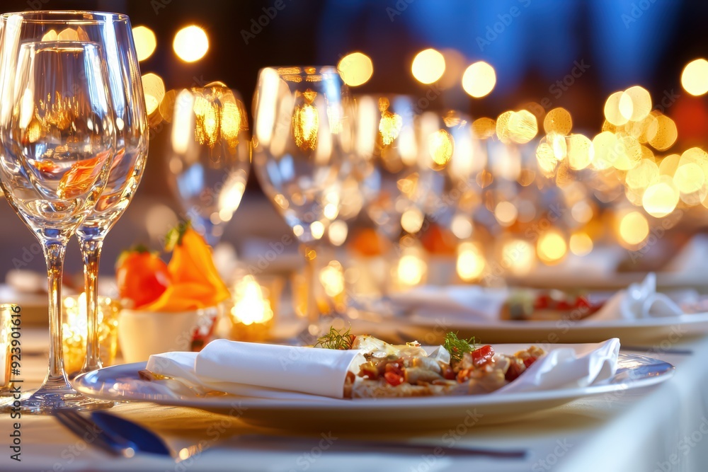 Elegant dining setting with beautifully arranged plates and sparkling glasses, perfect for a romantic evening or special occasion. Elegant dining setting with beautifully arranged plates and sparkling glasses, perfect for a romantic evening or special occasion.