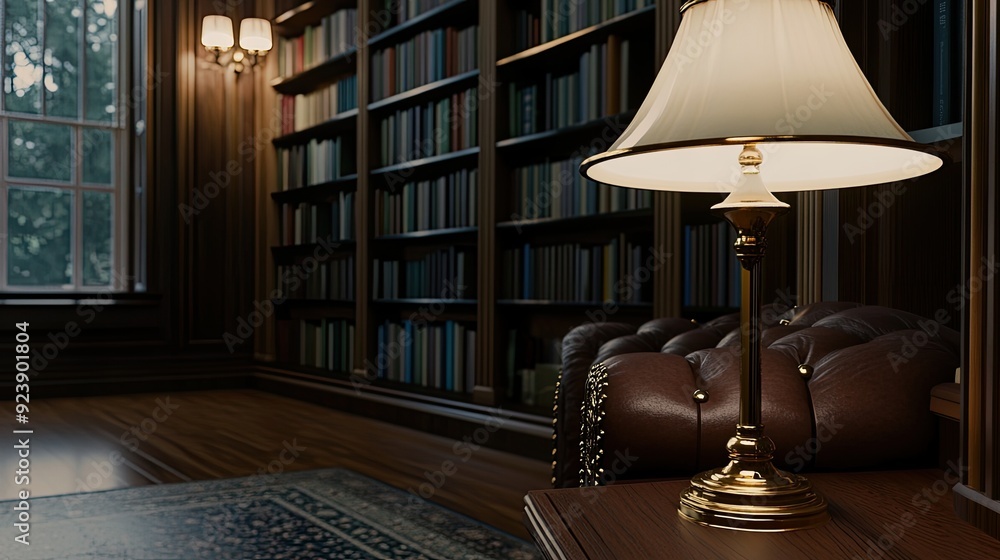 The rich brown leather armchair with gold studded details stands prominently in an office, complemented by dark bookshelves and soft lamp light The rich brown leather armchair with gold studded details stands prominently in an office, complemented by dark bookshelves and soft lamp light