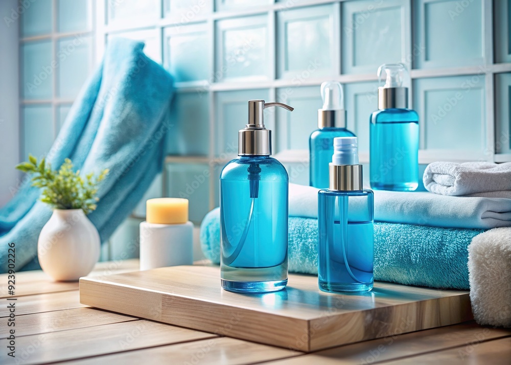 Calming essence bottles with transparent blue skin care products arranged on steps, reflecting gentle light, evoking a sense of serenity and relaxation in a modern bathroom setting. Calming essence bottles with transparent blue skin care products arranged on steps, reflecting gentle light, evoking a sense of serenity and relaxation in a modern bathroom setting.