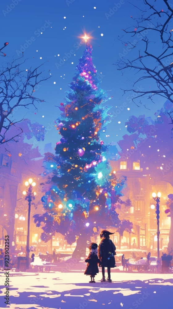 Obraz premium Enchanting Anime-Style Winter Night Cityscape: Magical Urban Wonderland with Deserted Snowy Streets and Illuminated Snow-Covered Buildings. Dreamy 2025 Christmas and New Year Themed Nocturnal Artwork 