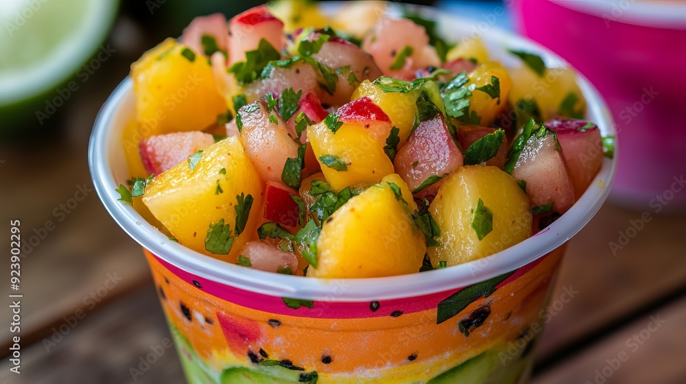 A colorful to-go cup of fresh chopped fruit with a tangy and spicy seasoning, Mexico A colorful to-go cup of fresh chopped fruit with a tangy and spicy seasoning, Mexico