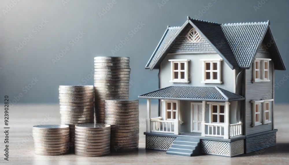 Model house next to stacks of coins on a wooden surface. Real estate investment and financial growth concept. Model house next to stacks of coins on a wooden surface. Real estate investment and financial growth concept.