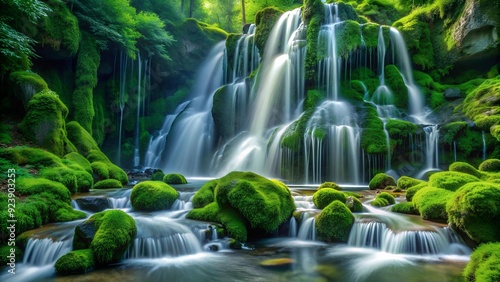 A Lush Waterfall Plunging Over Moss-Covered Rocks  Generative AI