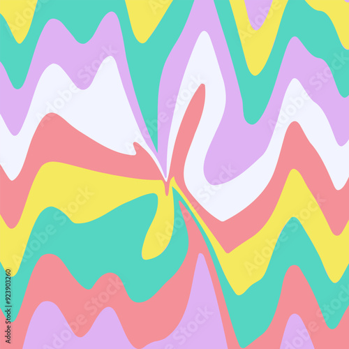 Abstract wavy distorted retro groovy background. Vector illustration of concentrated waves in 1970s hippie style. Psychedelic dynamic liquid shape