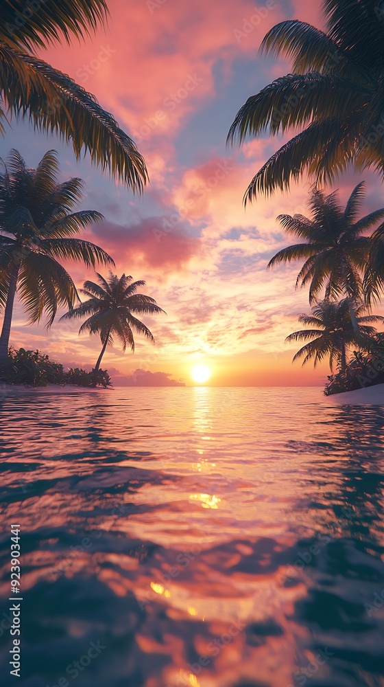 Sunset Over a Tropical Beach with Palm Trees and Calm Water Sunset Over a Tropical Beach with Palm Trees and Calm Water