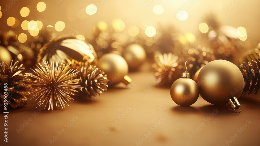 Fototapeta premium Golden decorations with sparkling lights create a festive atmosphere, perfect for holiday celebrations and winter gatherings.