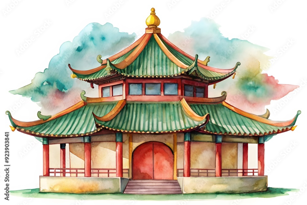 Watercolor hand drawn Daigoji Temple Pagoda in autumn. Japanese ancient architecture. Can be used to design sightseeings card, tourism ads, calendar, books - Illustration
