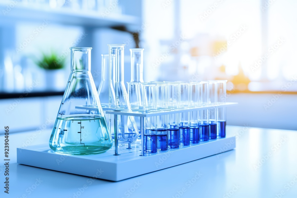 Laboratory equipment featuring a green flask and blue test tubes. Ideal for science and educational projects. Laboratory equipment featuring a green flask and blue test tubes. Ideal for science and educational projects.