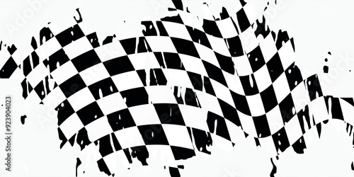 Grunge race flag, isolated vector monochrome banner for motocross sports tournament or car rally competition. Black and white checkered sport racing flag with checkerboard grungy texture
