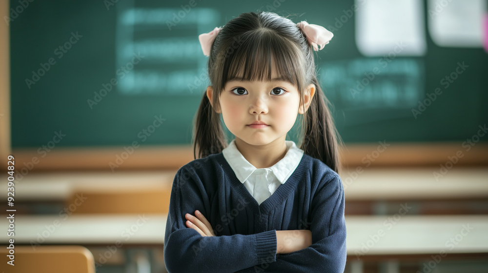 日本の小学校の教室の黒板の前で上でを組んで挑戦的な表情をしている低学年の女の子