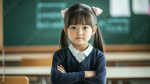 Obraz na płótnie 日本の小学校の教室の黒板の前で上でを組んで挑戦的な表情をしている低学年の女の子 w salonie