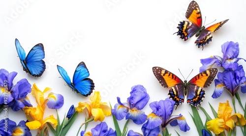 A stunning and captivating display of colorful butterflies gracefully perched among the vibrant and lush irises creates a serene and picturesque scene, perfect for nature lovers and outdoor admirers