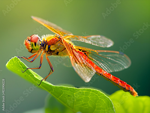 Vibrant dragonfly with translucent wings perched on a leaf in a natural setting outdoors.