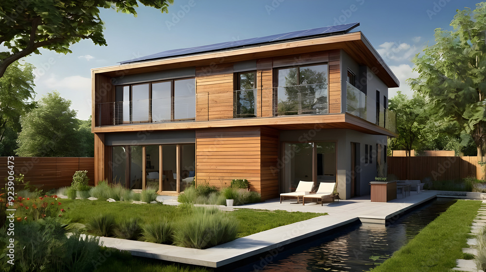 Illustrate a modern eco-friendly home with solar panels, urban green spaces, or community gardens. Illustrate a modern eco-friendly home with solar panels, urban green spaces, or community gardens.