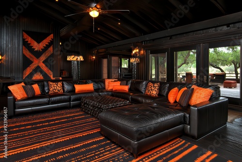 Stylish modern living room featuring black leather furniture and vibrant orange accents, perfect for contemporary home design. photo