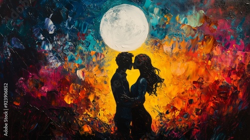 Two lovers share a tender kiss illuminated by the glow of a full moon, surrounded by vibrant colors in a night sky.