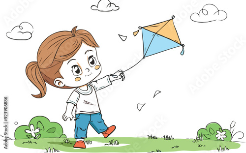 
coloring page a simple drawing of green blue with baby girl & boy flying a kite on the grassland, coloring page
