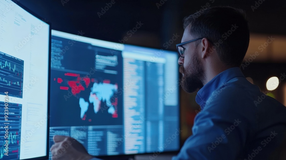 A focused professional analyzes data on multiple screens in a dimly lit environment, showcasing modern technology. A focused professional analyzes data on multiple screens in a dimly lit environment, showcasing modern technology.