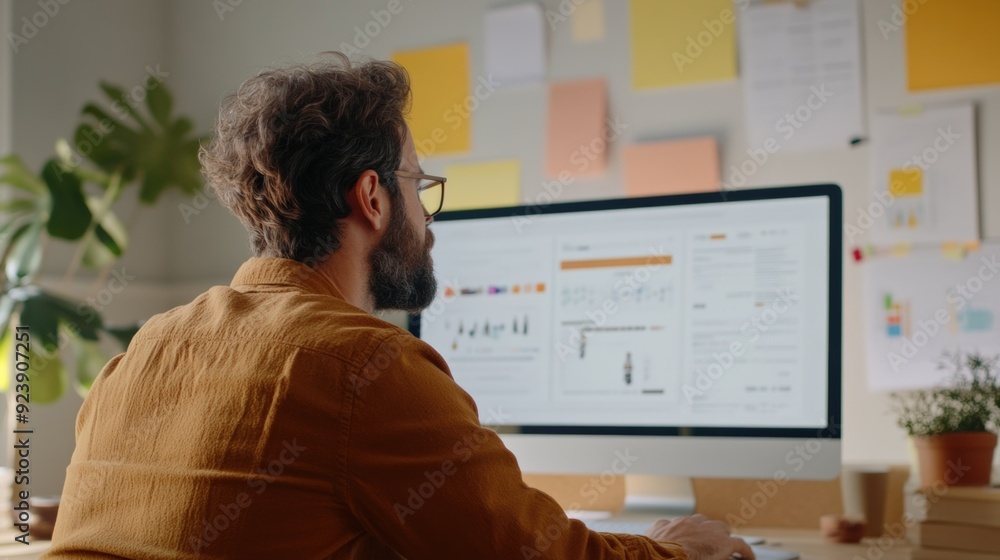 A man working at a computer, reviewing data analytics on a modern monitor in a cozy office space with plants. A man working at a computer, reviewing data analytics on a modern monitor in a cozy office space with plants.
