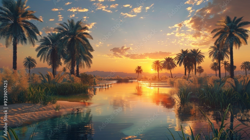 oasis in the middle of the desert on a sunset oasis in the middle of the desert on a sunset