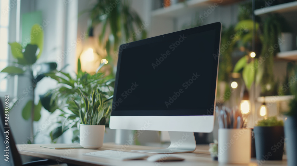Modern workspace featuring a computer, vibrant plants, and a creative atmosphere for productivity and inspiration. Modern workspace featuring a computer, vibrant plants, and a creative atmosphere for productivity and inspiration.