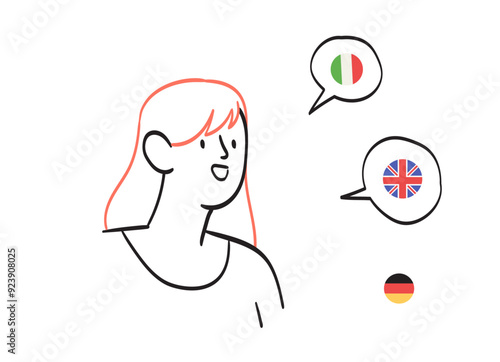 Multilingual speaker. Woman polyglot speaking many different foreign languages, talking, studying, knowing English, German, Italian. Line doodle vector illustration isolated on white background.