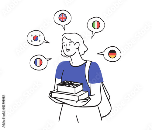 Multilingual speaker. Woman polyglot speaking many different foreign languages, talking, studying, knowing English, German, Korean, French, Italian. Line doodle vector illustration isolated on white.