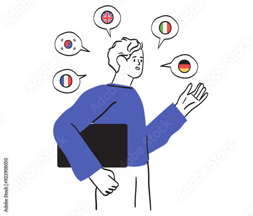 enlearn02Multilingual speaker. Man polyglot speaking many different foreign languages, talking, studying, knowing English, German, Korean, French, Italian. Line doodle vector illustration isolated on 