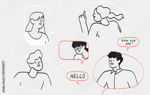 Group of young people polyglots from different countries practice speaking skills with native speakers and learn foreign languages online. Creative doodle character illustration for language school.