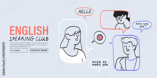 Group of young people from different countries practice speaking skills with native speakers and learn foreign languages pronunciation. Creative doodle character illustration for language school.