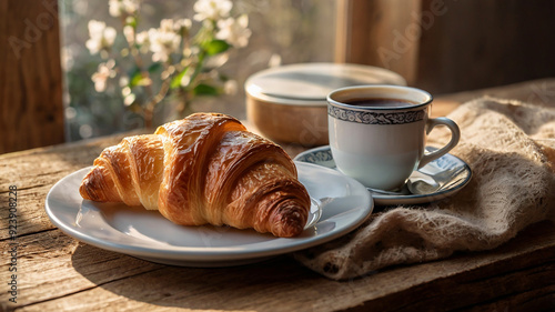 A Cozy Morning Scene With A Buttery Croissant, Jam, And A Steaming Cup Of Coffee, All On A Rustic Table, Food Image