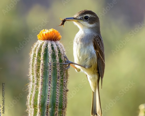 Sonoran Desert Wildlife: Brown Crested Flycatcher on Saguaro Cactus photo