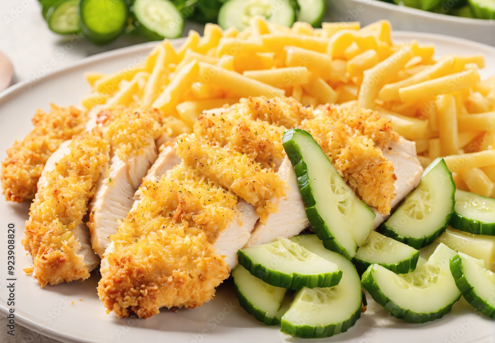 Deliciously Prepared Breaded Chicken With Cool Cucumber Slices and Crispy French Fries Served on a Plate Deliciously Prepared Breaded Chicken With Cool Cucumber Slices and Crispy French Fries Served on a Plate
