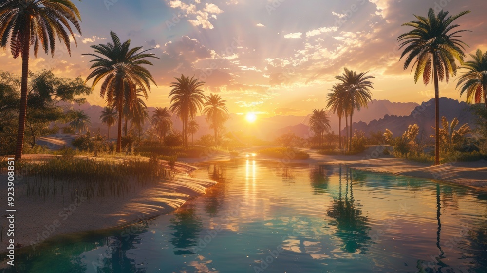 oasis in the middle of the desert on a sunset oasis in the middle of the desert on a sunset