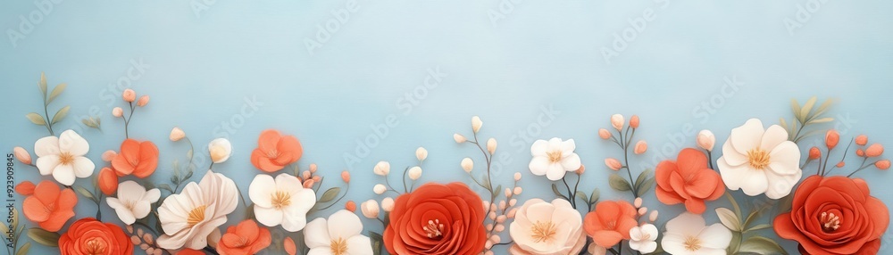 Vibrant floral arrangement featuring roses and delicate blooms against a soft blue background, perfect for spring themes. Vibrant floral arrangement featuring roses and delicate blooms against a soft blue background, perfect for spring themes.