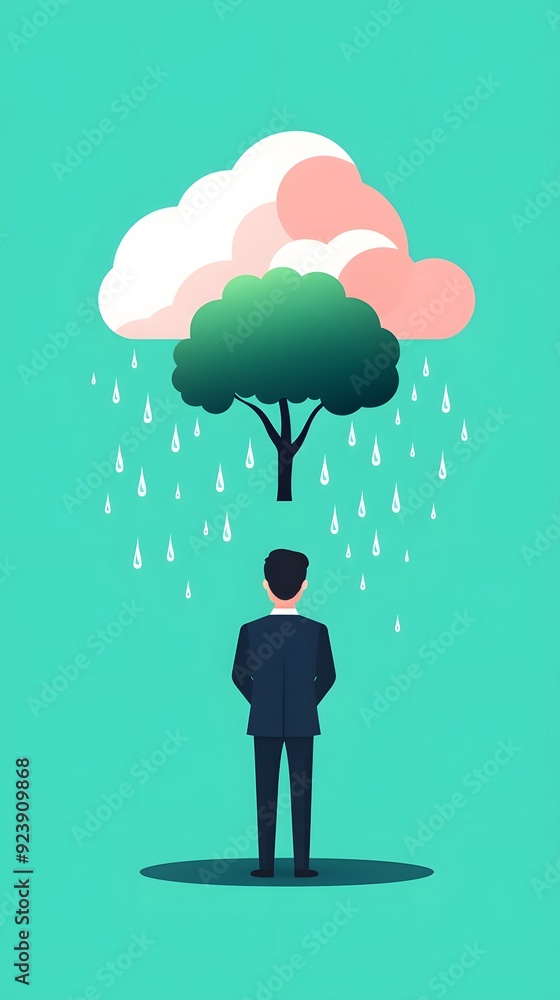 A businessman stands before a tree with clouds raining, symbolizing growth and opportunity. A businessman stands before a tree with clouds raining, symbolizing growth and opportunity.