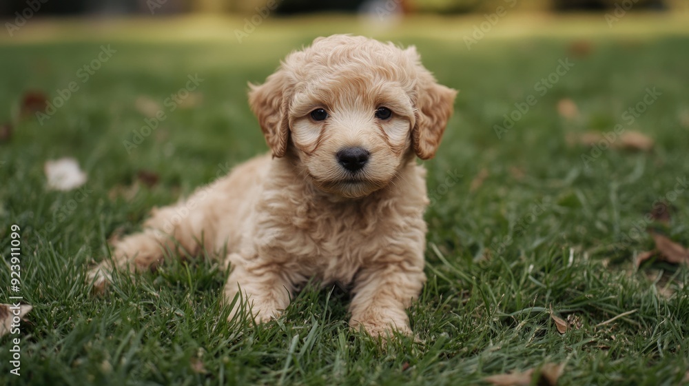 Labradoodle Puppy Playing on Grass - Cute Furry Canine of Labrador Breed Labradoodle Puppy Playing on Grass - Cute Furry Canine of Labrador Breed