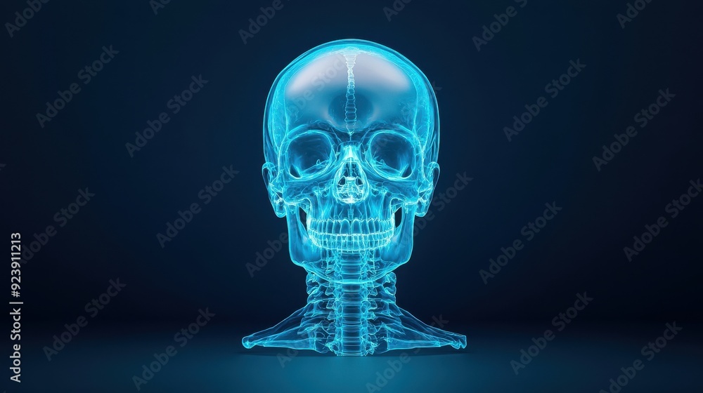 Translucent blue skull rendered in 3D, depicting intricate details of human anatomy against a dark background. Translucent blue skull rendered in 3D, depicting intricate details of human anatomy against a dark background.