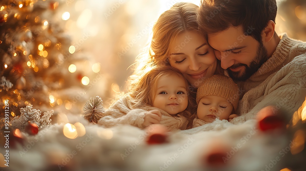 A family cuddles together by the Christmas tree for a heartwarming holiday portrait. A family cuddles together by the Christmas tree for a heartwarming holiday portrait.