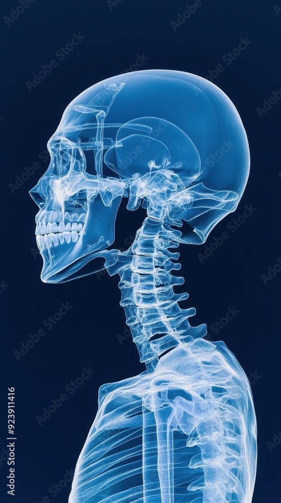 X-ray image of a human skull and neck highlighting bone structure and anatomy against a dark blue background. X-ray image of a human skull and neck highlighting bone structure and anatomy against a dark blue background.