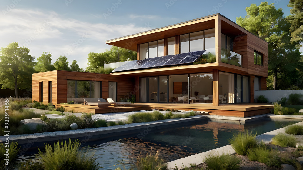 Illustrate a modern eco-friendly home with solar panels, urban green spaces, or community gardens. Illustrate a modern eco-friendly home with solar panels, urban green spaces, or community gardens.