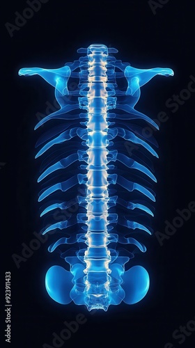 X-ray image of a human spine showcasing its structure and alignment in a striking blue hue against a dark background.