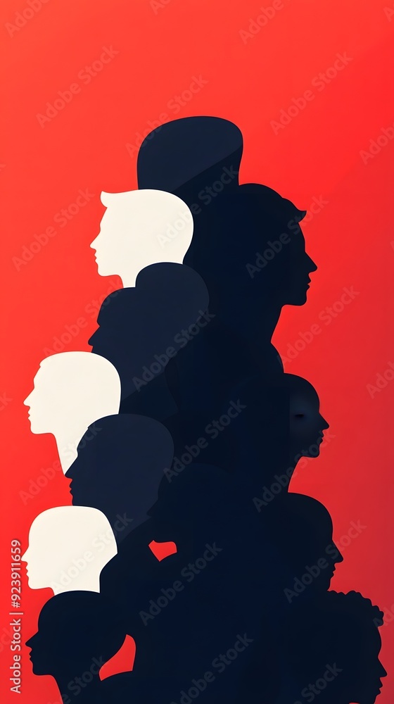 A group of people stand in a line, facing right, with alternating white and black silhouettes. The background is a bright red. A group of people stand in a line, facing right, with alternating white and black silhouettes. The background is a bright red.