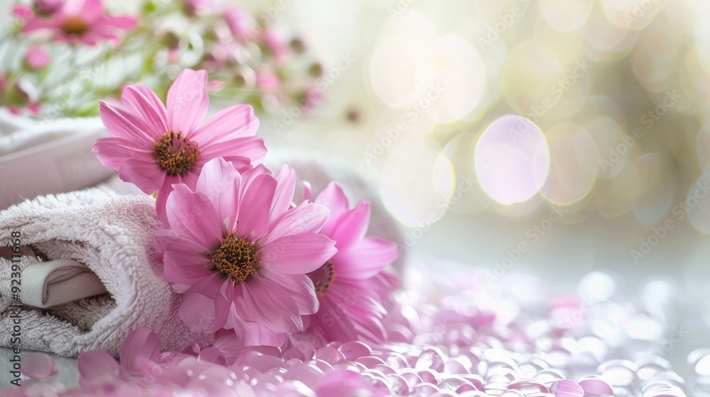 Pink flowers and white background in spa setting with selective focus emphasizing nature Pink flowers and white background in spa setting with selective focus emphasizing nature